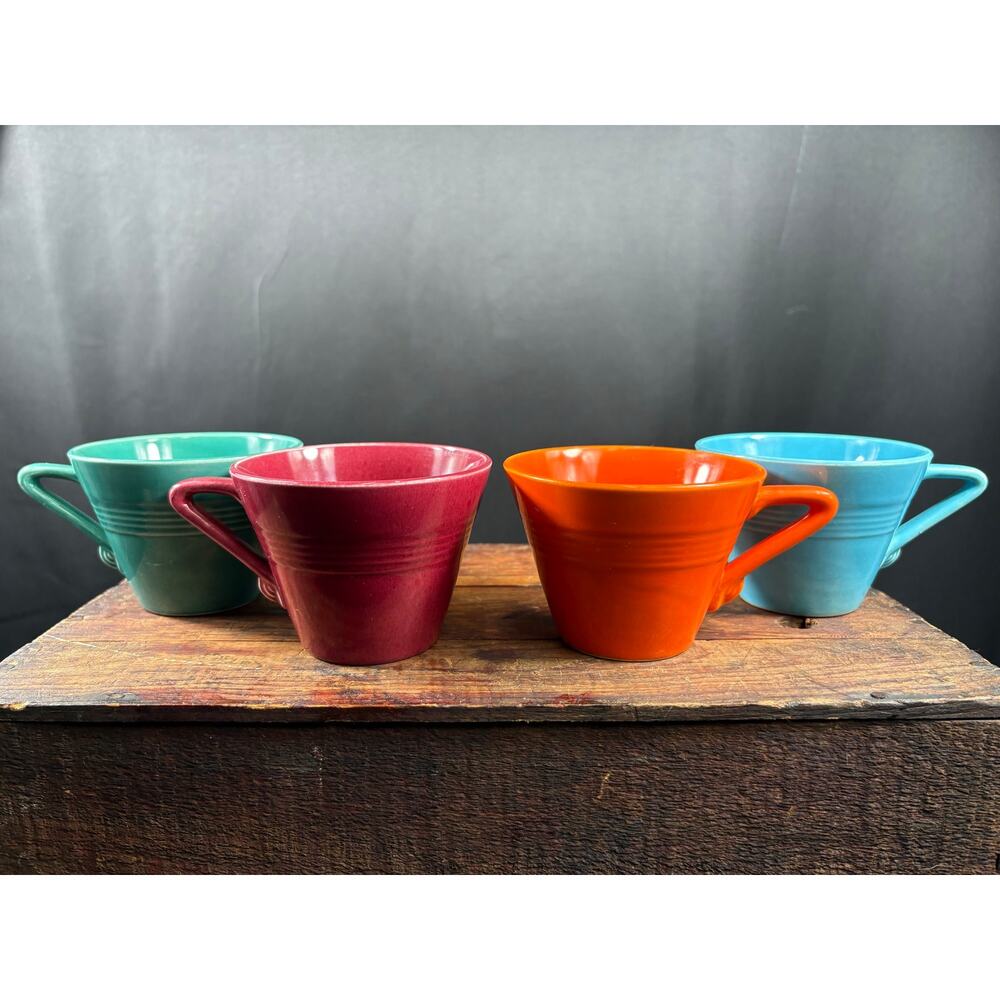 Homer Laughlin Harlequin 4 Cups Turquoise Maroon Green Orange Art Deco